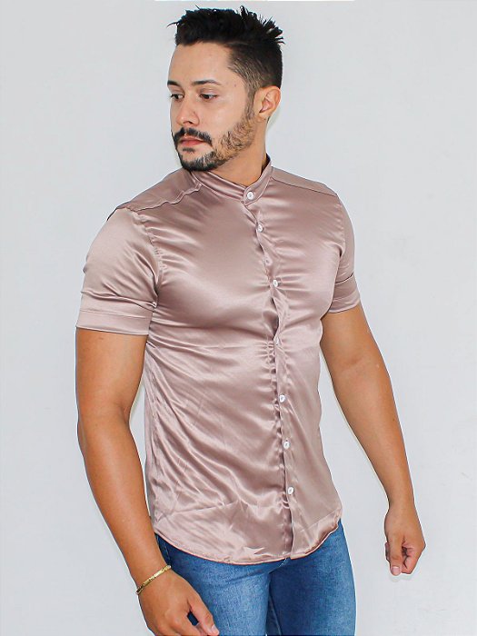 Camisa De Botão Gola Padre Acetinado champanhe