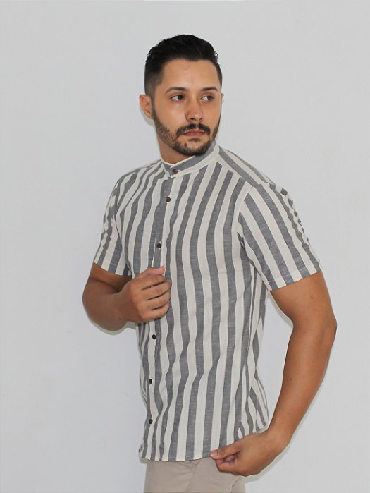 Camisa Gola Padre Listras Chubo em linho