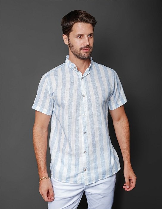 Camisa Gola Padre Listras Azul  em linho