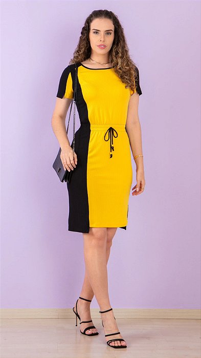 Vestido Christy em malha canelada bicolor Puro Sharmy