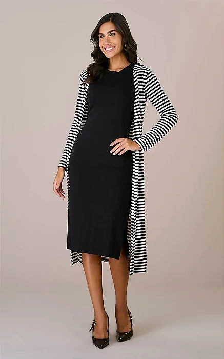 Cardigan Midi Malha Canelada Listrado Cristina - Tata Martello