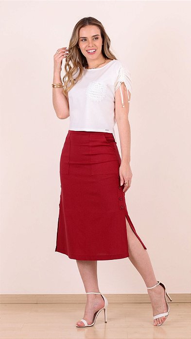 Saia Rosangela de Linho com elastano Evasê Puro Sharmy