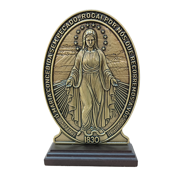 Adorno de Mesa Medalha Milagrosa Nossa Sra. das Graças Metal e Base de Madeira 19 Cm