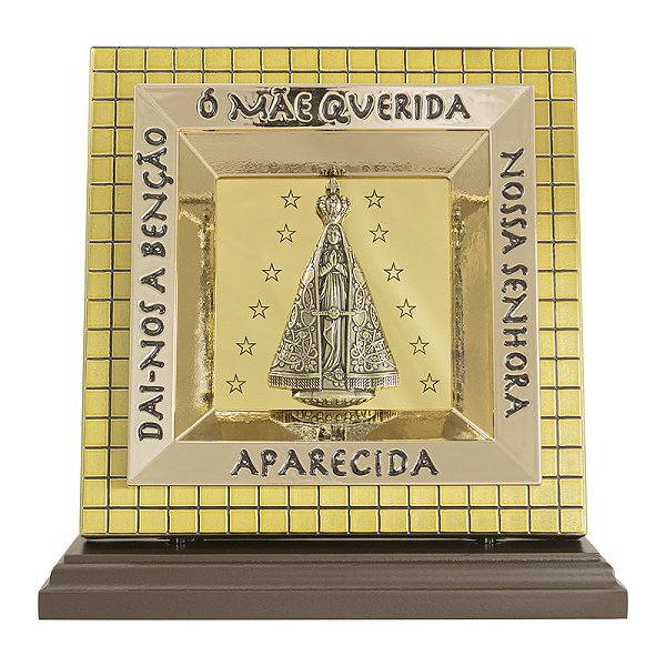 Adorno Nicho de Nossa Senhora Aparecida Metal Base de Madeira 19 Cm