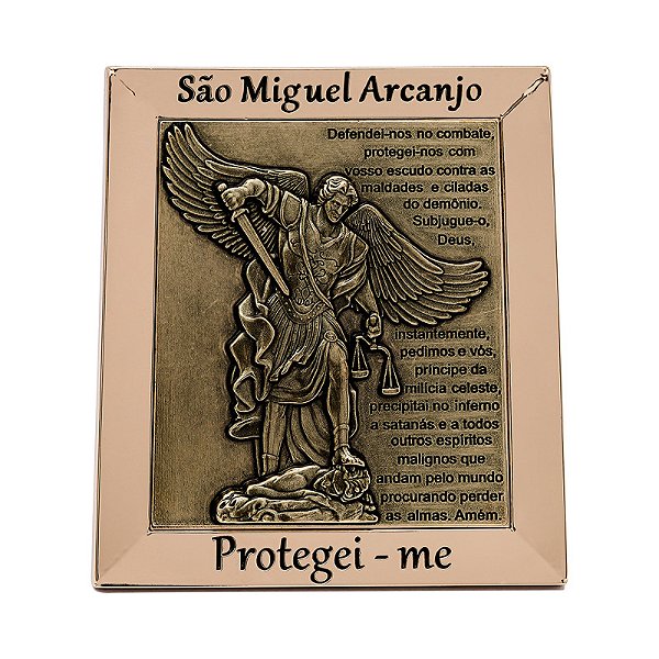 Adorno de Metal São Miguel Arcanjo com Oração Dourado  Ouro Velho