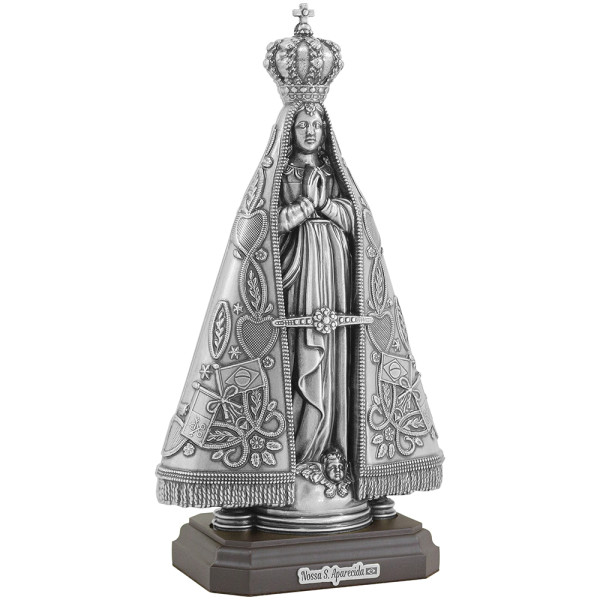 Imagem de Nossa Senhora Aparecida em Metal Prata Velha com Base 25cm