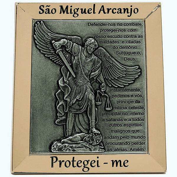 Adorno de Quadro São Miguel Arcanjo com Oração Metal Dourado