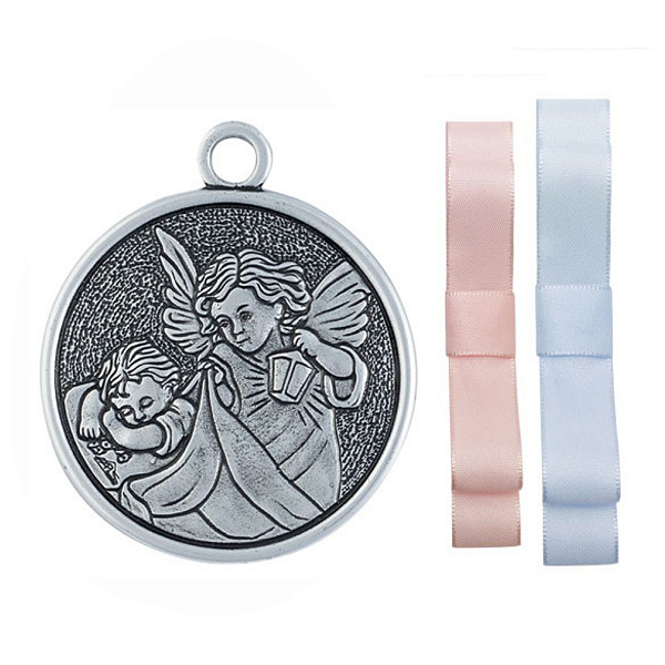 Medalhão de Berço Anjo Protetor Com Fitinha Azul e Rosa