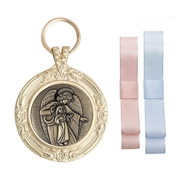 Medalhão Metal de Berço Anjo Da Guarda Proteção com Fitinhas