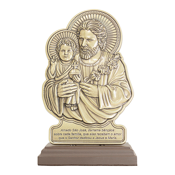 Adorno de Mesa Sao Jose com Oracao 19 Cm Base de Madeira