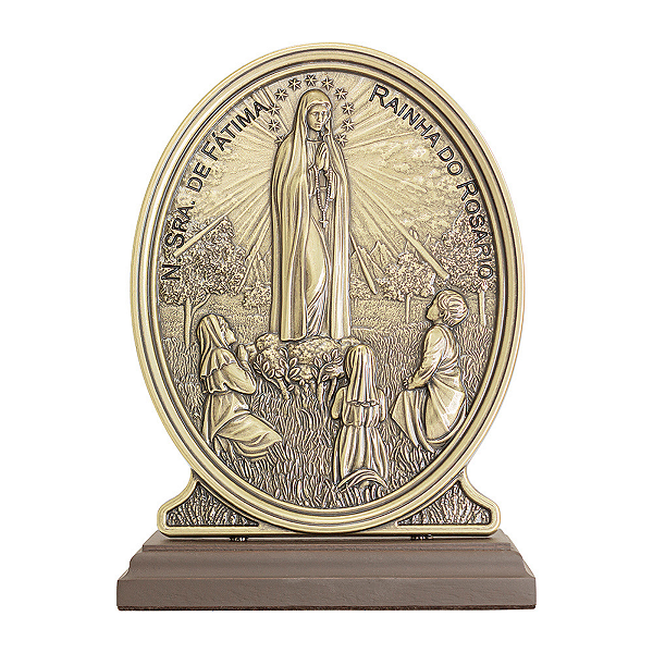 Adorno de Nossa Senhora de Fatima com Oracao Base de Madeira