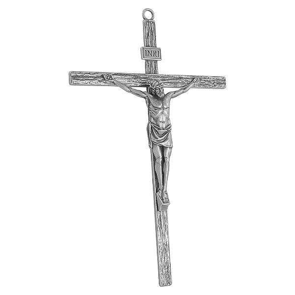 Cruz de Parede Jesus Cristo Metal Prateado Prata Velha 25cm