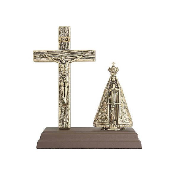 Oratório Crucifixo + Imagem de N Sra Aparecida Metal 15cm