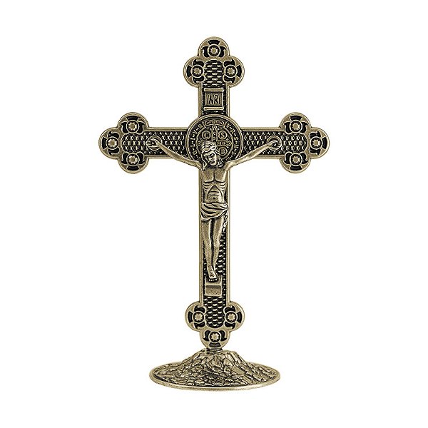 Crucifixo Metal Mesa Altar Oratório Medalha São Bento 13cm