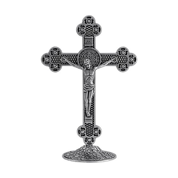Cruz Metal Mesa  Altar Oratório Medalha de São Bento 13cm Prata Velha