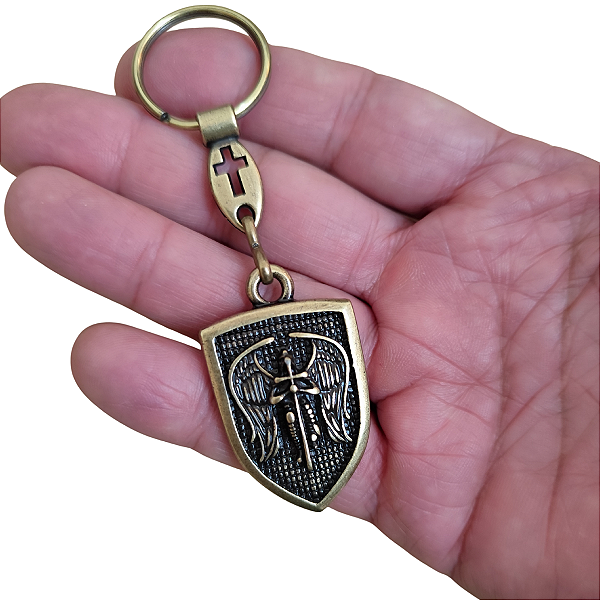 Chaveiro Escudo Arcanjo Miguel Metal Envelhecido