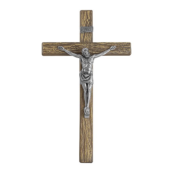 Crucifixo De Parede Metal Textura Amadeira Prata Velha 25 Cm