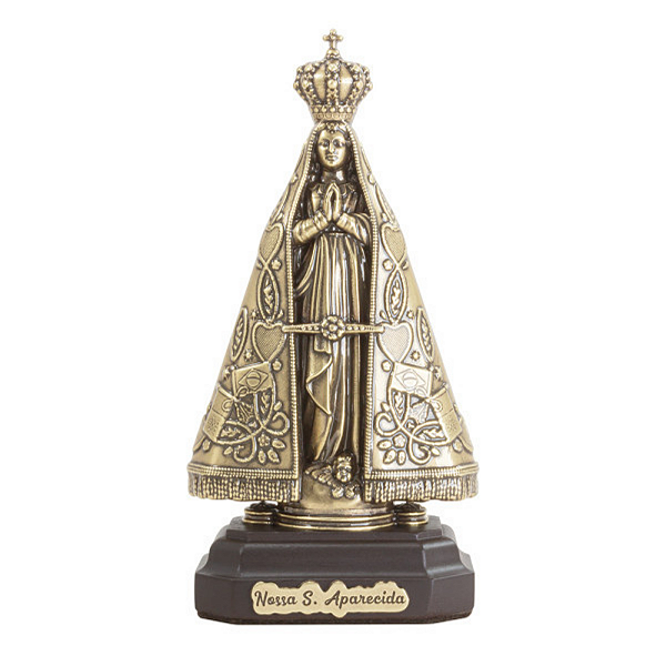 Adorno Nossa Senhora Aparecida Cor Ouro Velho com Base de Madeira 25cm
