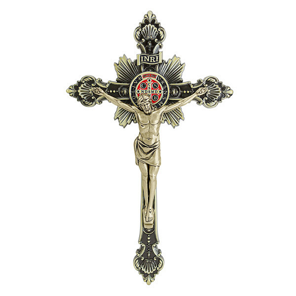 Cruz De Parede Com Medalha De Sao Bento Metal Resinado Dourado 24 Cm