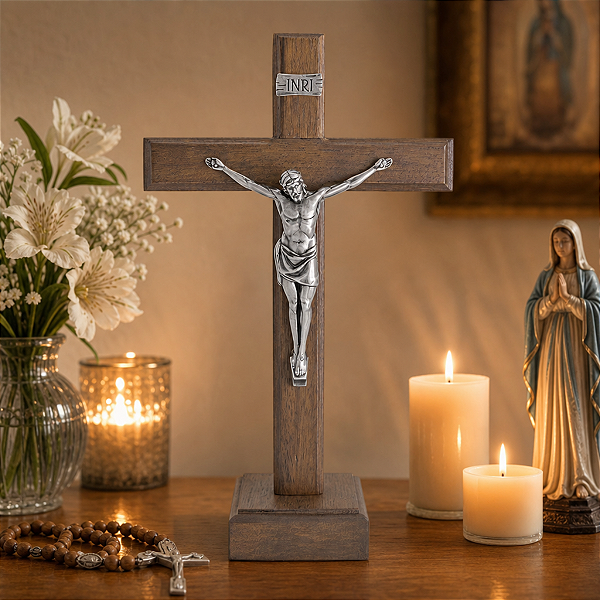 Cruz de Mesa Madeira Nobre Cristo Prateado 20cm Devocional
