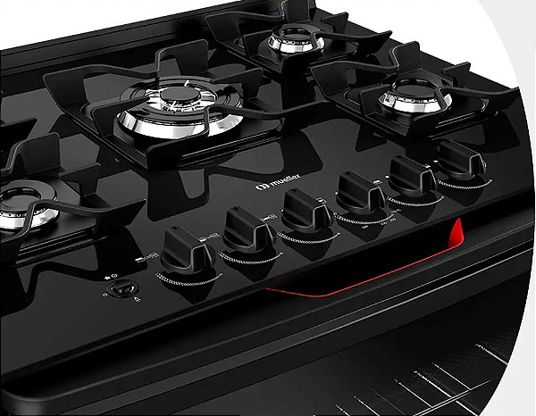 Fogão Mueller 5 bocas Preto com Mesa de Vidro e grades de ferro fundido MFV5BF
