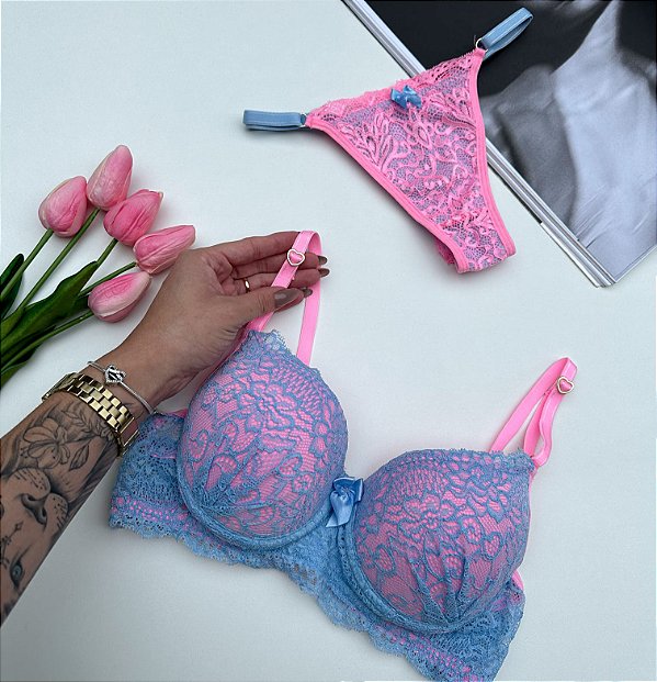 Lingerie Feminina Rosa com Detalhes em renda - Linda Sedução