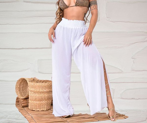 Cal a Pantalona Sa da de Praia com Fenda Branca