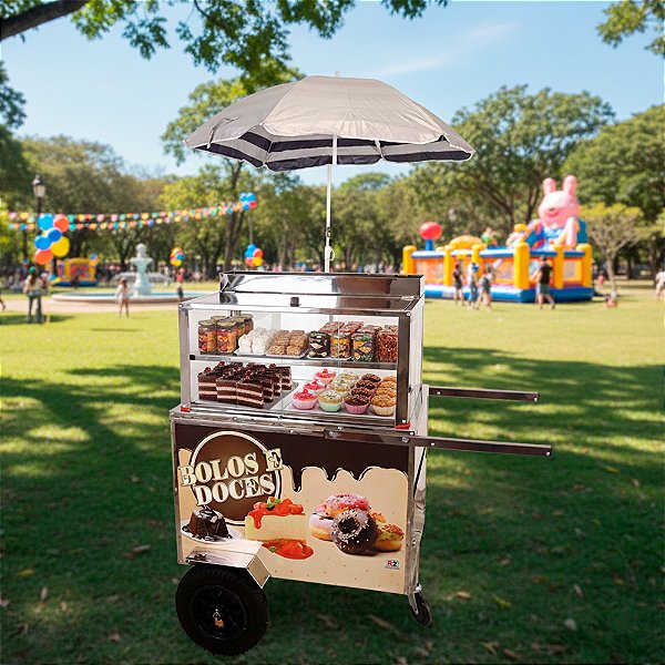 Carrinho para Bolo Doce Multiuso e Mostruário Inox Roda Pneumática
