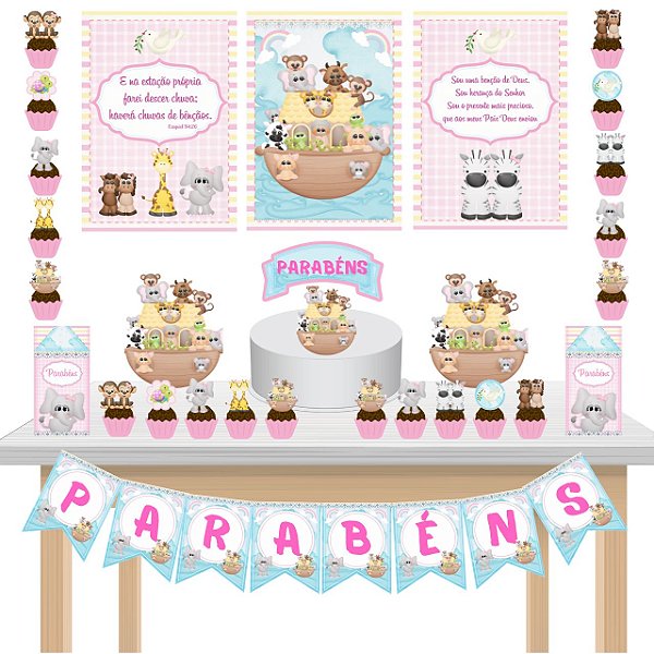 Kit Festa Fácil Kit Só Um Bolinho Arca de Noe Rosa Mêsversario Aniversário