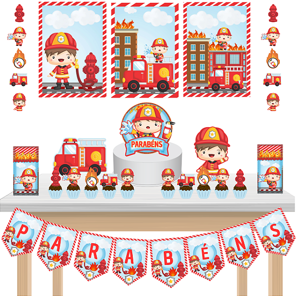 Kit festa fácil Kit Bolinho Básico Bombeiro Bombeiros Mêsversário Aniversário