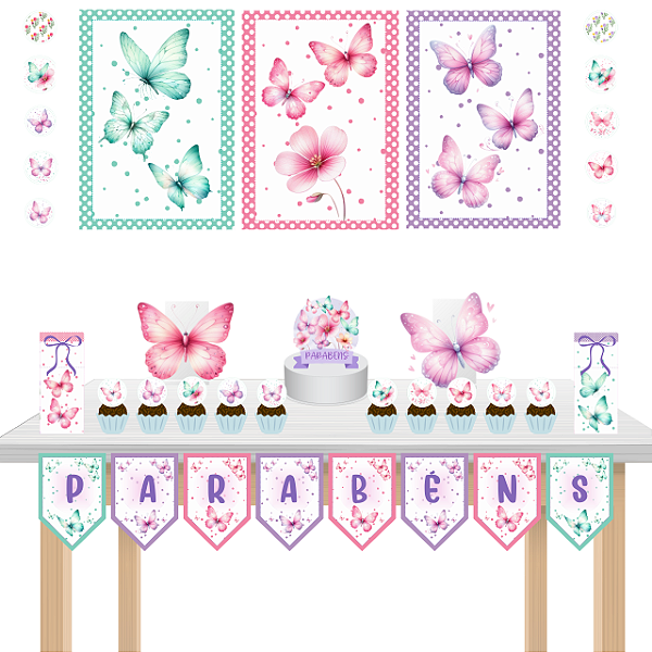 Kit festa fácil Kit Bolinho Básico Borboletas Mêsversário Aniversário