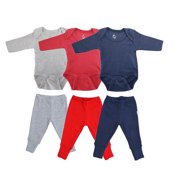 Kit Body e Calça Prematuro Marinho, Vermelho e Cinza