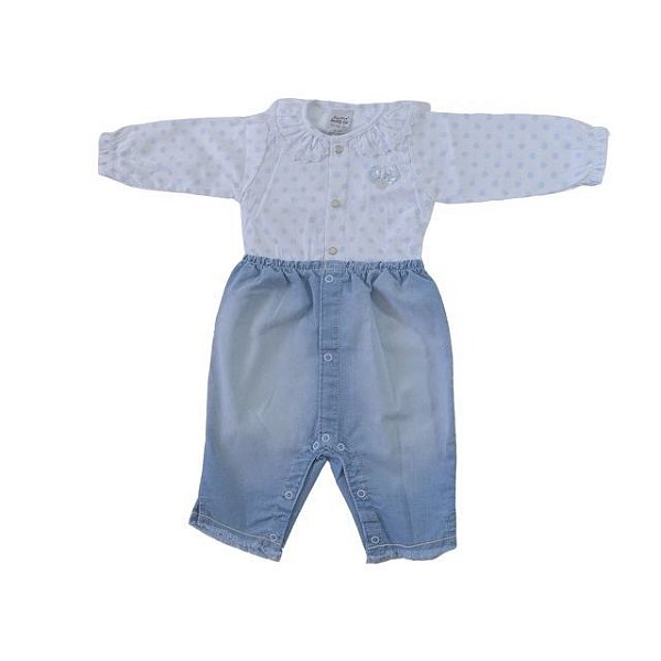 Macacão Longo Azul com Bolinhas Brancas e Jeans