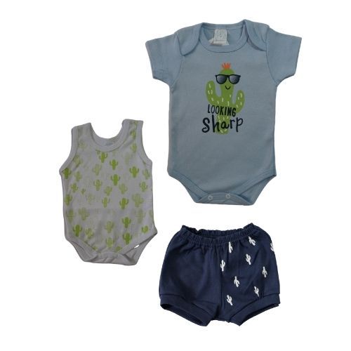Conjunto de Verão Cacto Azul Claro, Marinho e Branco