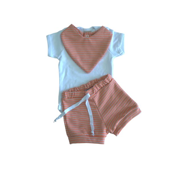 Conjunto Body, Bandana e Shorts Listrado Laranja e Cinza