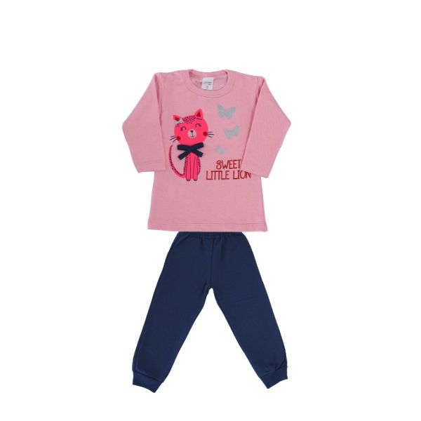 Conjunto Blusa Rosa e Calça Marinho de Gatinho e Borboletas
