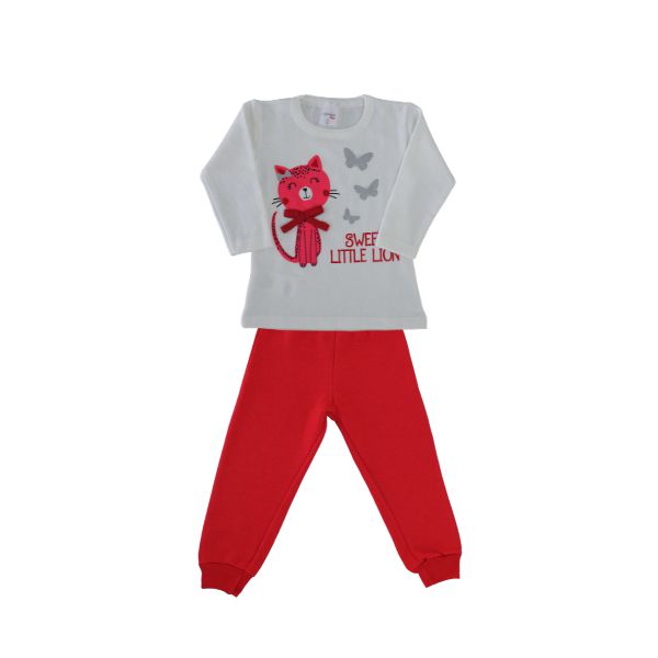 Conjunto Blusa Off White e Calça Vermelha de Gatinho e Borboletas
