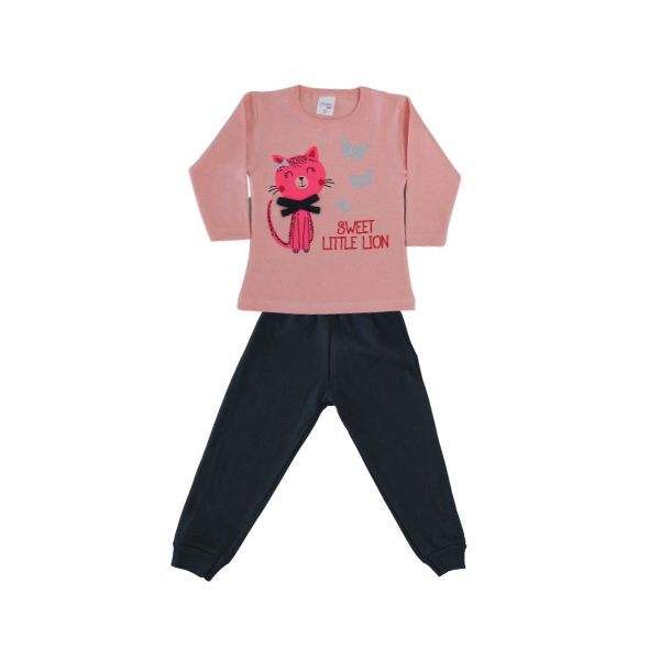Conjunto Blusa Laranja e Calça Preta de Gatinho e Borboletas