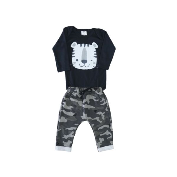 Conjunto Tigre de Body e Calça Camuflado Preto e Cinza