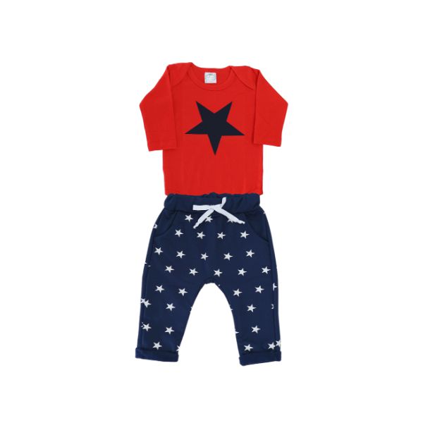 Conjunto Estrela Body e Calça Vermelho e Marinho