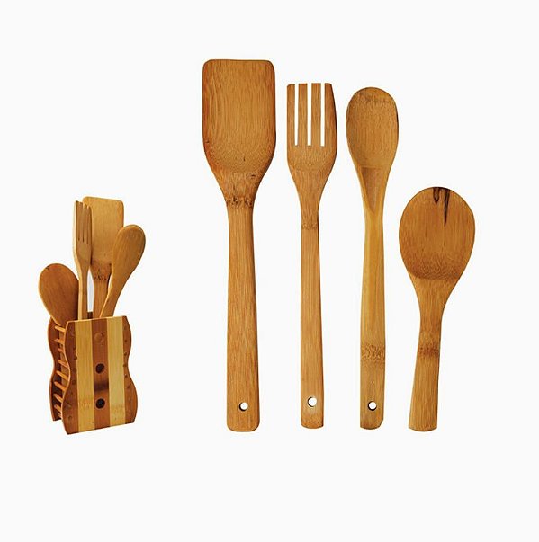 Utensílios de Bambu 4 peças com Suporte