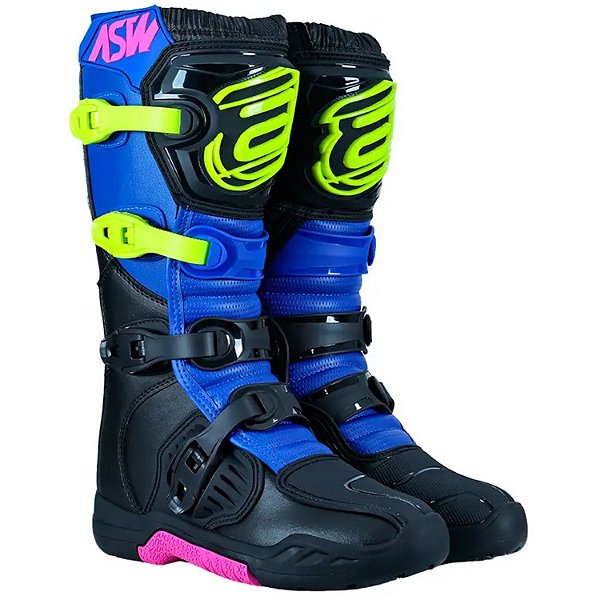 Bota ASW Image Enduro Preto/Azul/Amarelo Fluor/Pink Motocros