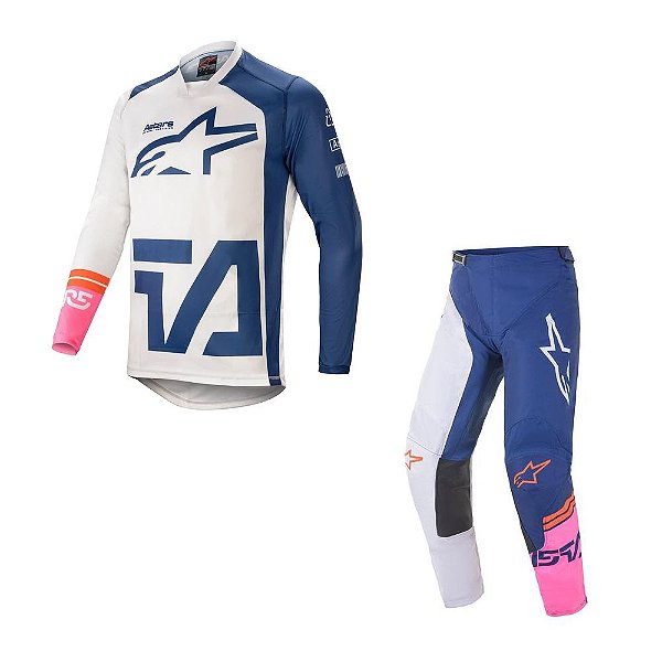 Conjunto Calça + Camisa Alpinestars Racer Compass 21 Branco/Azul Marinho/Rosa Fluorescente