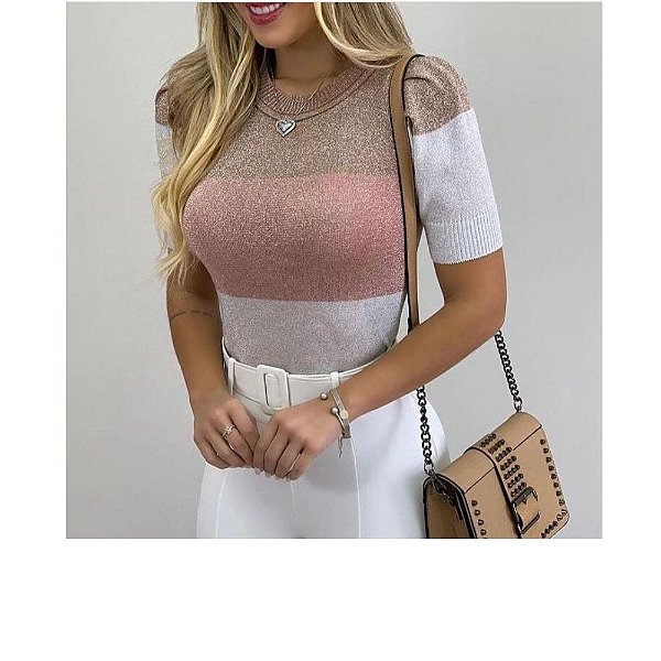 Blusa Feminina Lurex Manga Princesa Ferrugem Rosa e Branco Vivella 600 -  Vivella - Roupas, Sapatos e Acessórios