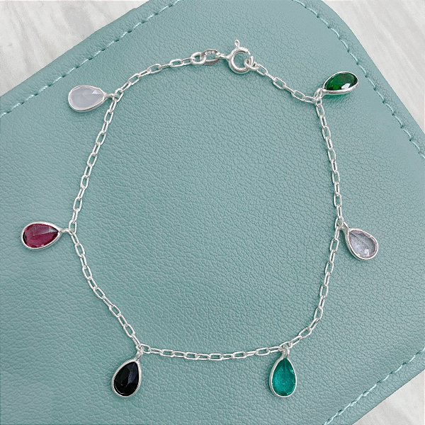 Pulseira em Prata com Gotas de Zircônias Coloridas