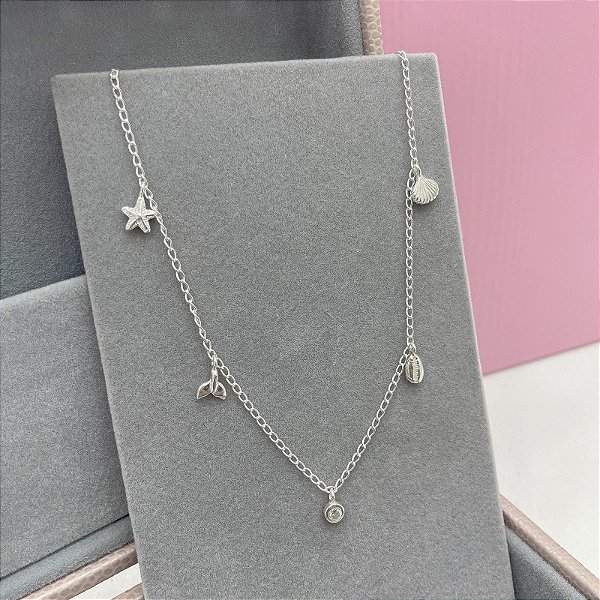 Choker Pingentes Marinhos e Ponto de Luz em Prata