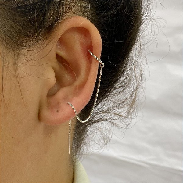 Piercing Fake com Corrente e Brinco Palito em Prata