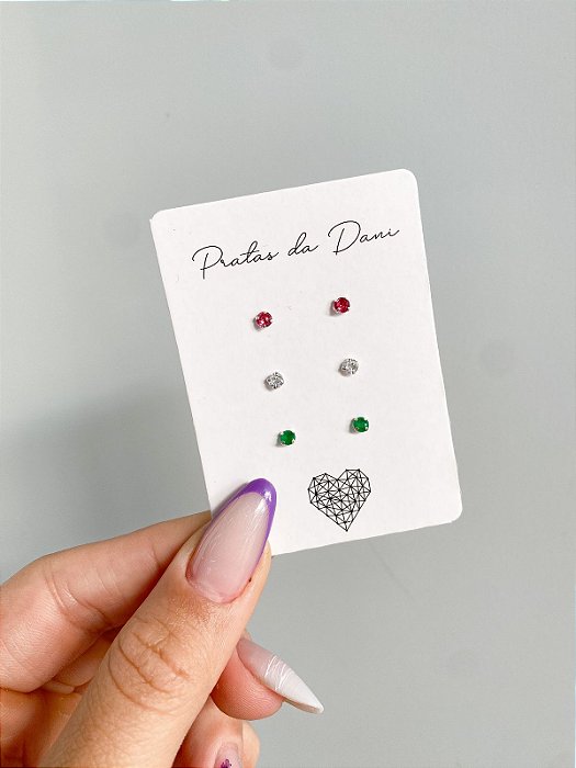 Mix de Brincos Pedra de Zircônia Mini Rosa Branca e Verde em Prata
