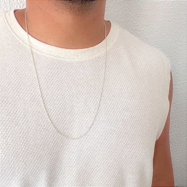Cordão Cadeadinho Oval Mini Fino em Prata 70cm