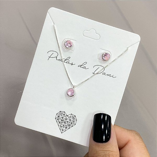 Conjunto Pedra Zircônia Rosa em Prata